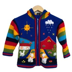Peruvian Arpillera Alpaca Wool Embroidered Knit Sweater Cardigan Kids‎ Medium